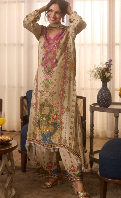 Floral Embroidered V-Neck Mirror Work Straight Kurta With Palazzos & Dupatta
