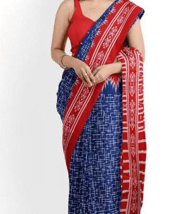 SUNDREESAREE Blocked Printed, Color Block, Floral Print, Printed Ikkat Pure Cotton Saree (Blue)