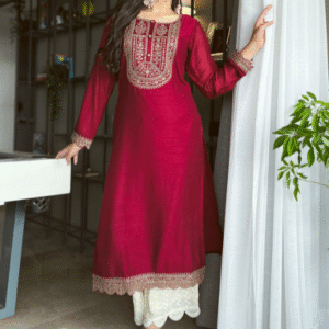 Women Maroon Yoke Design Embellished Kurta