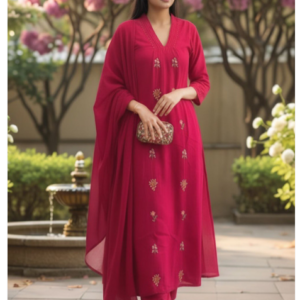 Women Embroidered Regular Thread Work Kurta with Trousers & With Dupatta