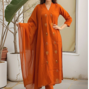 Women Embroidered Regular Thread Work Kurta with Trousers & With Dupatta